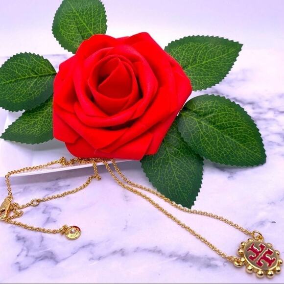 New Tory Burch Red Logo, Gold Adjustable Necklace - Picture 7 of 9